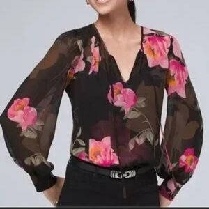 WHBM Floral Poppy Balloon Sleeve Blouse S